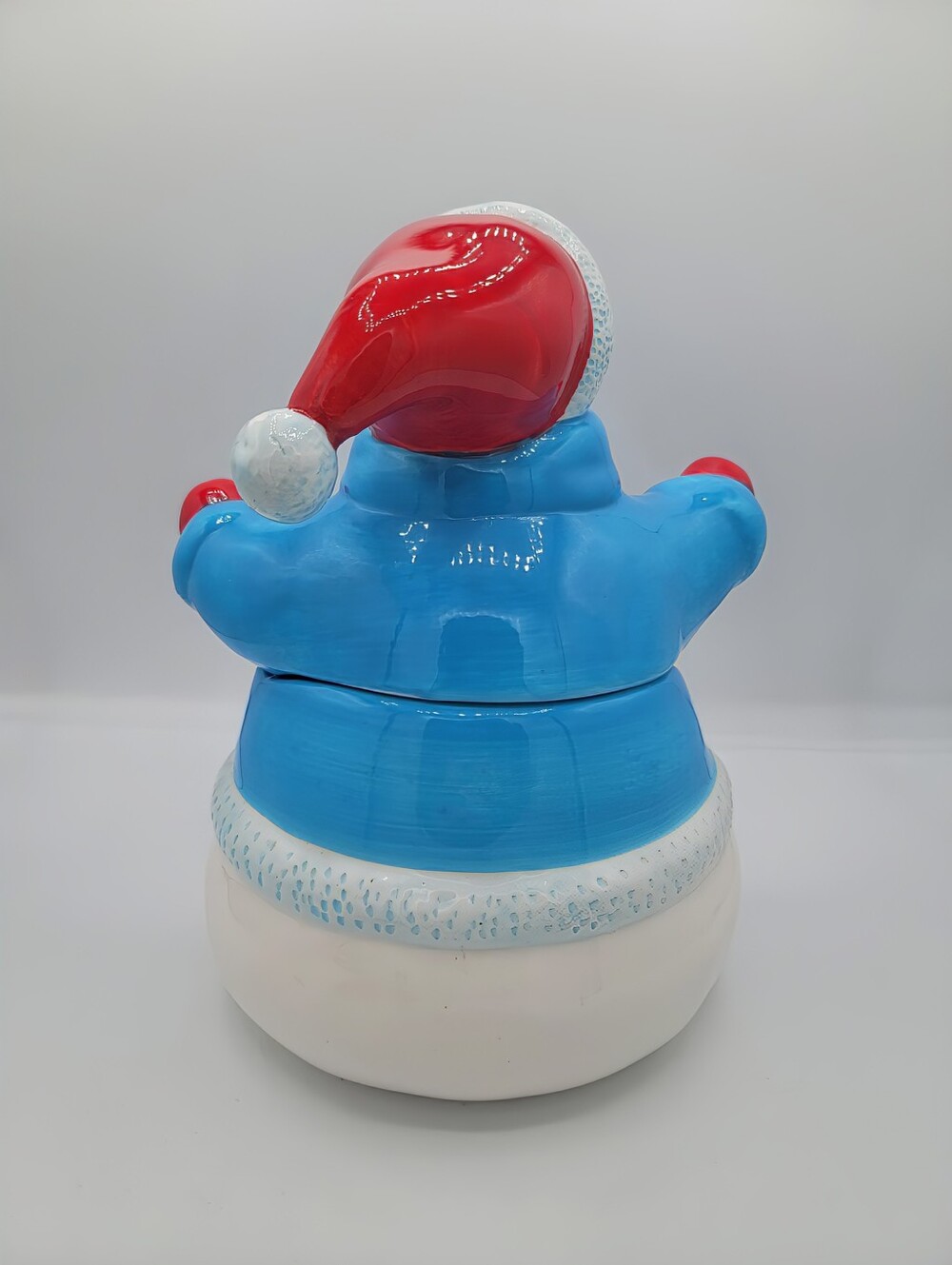 Blue Snowman Cookie Jar Ceramic Christmas Canister Homespun Holiday Winter Decor - Picture 3 of 15